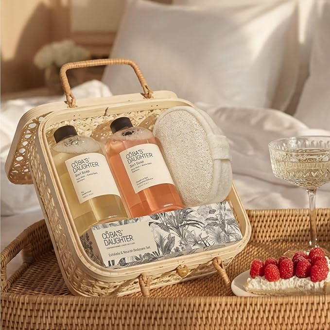 COBA’S DAUGHTER Luxury Spa Gift Set – 7-Piece Bath & Body Set with Rattan Case, Body Wash, Bubble Bath & Scrub – Premium Holiday, Birthday, housewarming, bridal shower & Self-Care Gift