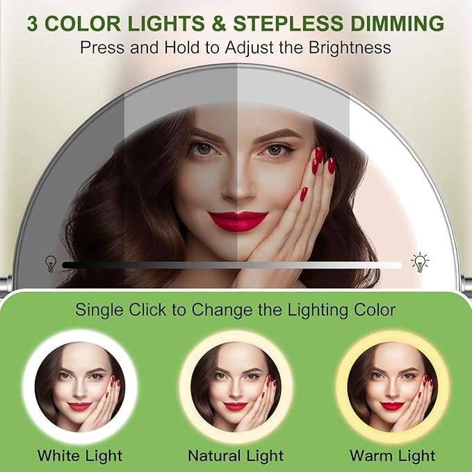 Anfauny 9 Inch Wall Mounted Lighted Makeup Mirror, Double Sided 1X/10X Magnifying LED Vanity Mirror with 3 Color Lights & Stepless Dimming, 360°Swivel Extendable Bathroom Cosmetic Mirror-Chrome