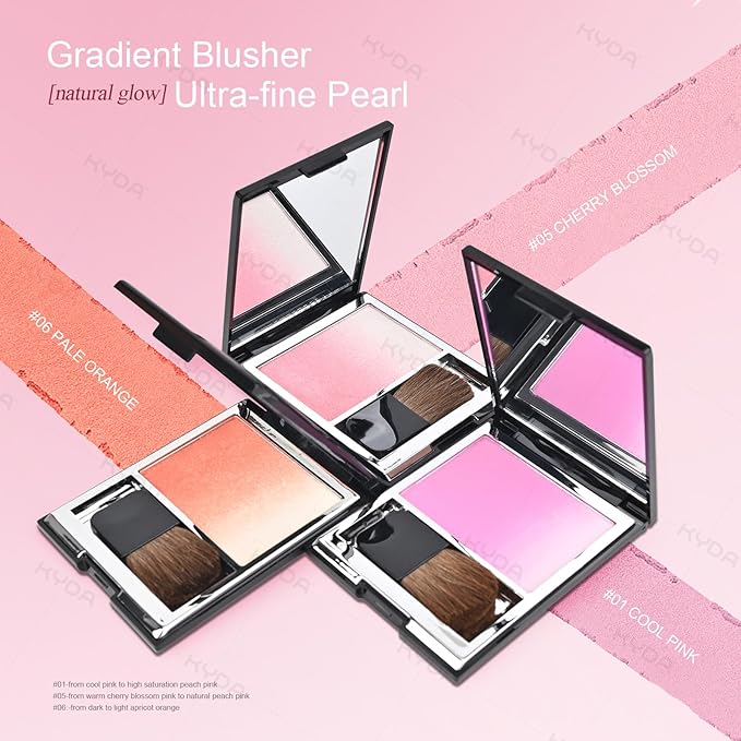 KYDA Pink Shimmer Blush, Gradient Cool Purplish Pink Color, Micro-fine Pearl Powder Blusher, Soft Buildable Cheek Color, Lightweight Smooth Finish, Multiuse Blush Makeup Compact