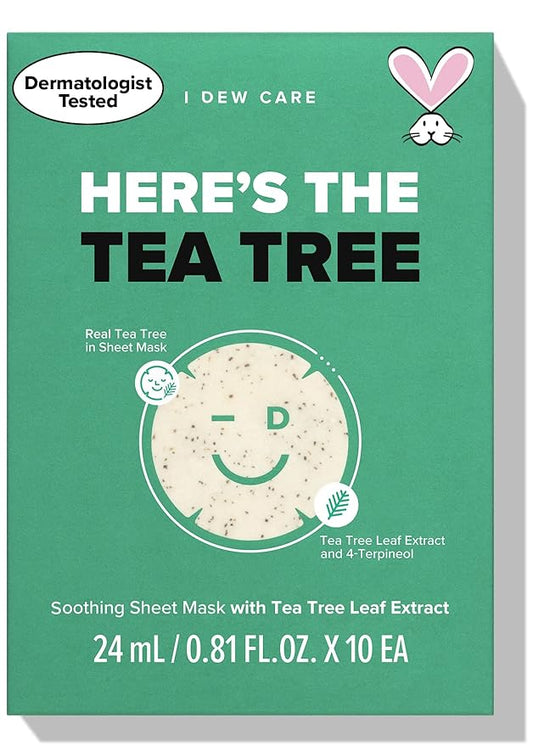 I DEW CARE Sheet Face Mask Pack - Here's The Tea Tree | with Tea Tree Leaf Extract, Soothing, Balancing Korean Face Mask Set for Oily & Sensivitive Skin, Hydrating, Moisturizing (10 Count)