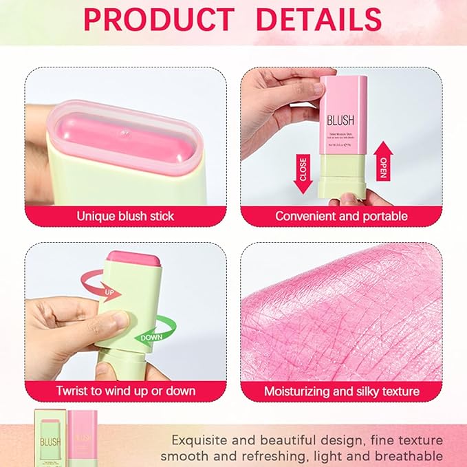 Multi-Use Makeup Blush Stick, Tinted Solid Moisturizer On-the-Go Blush, Multi-use Cream Blush Stick for Cheek & Eyes & Lips, Waterproof Natural Nude Makeup for All Skin (1# Shy Pink)