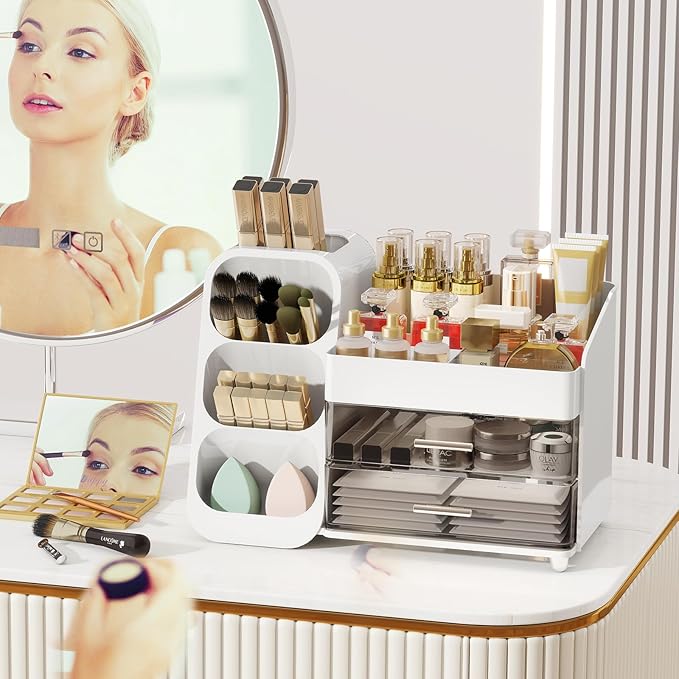 Makeup Organizer with Drawers for Vanity, Make Up Storage Kit, Spacious Cosmetic Display Case, Perfect Storage Solution for Beauty Essentials (White)