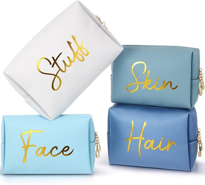 Aliceset 4 Pcs Preppy Makeup Bags Set Cute Travel Cosmetic Pouch Face Skin Hair Stuff Aesthetic Makeup Bags, PU Leather Waterproof Zipper Toiletry Pouch Gifts for Women Girl(Aqua Blue)