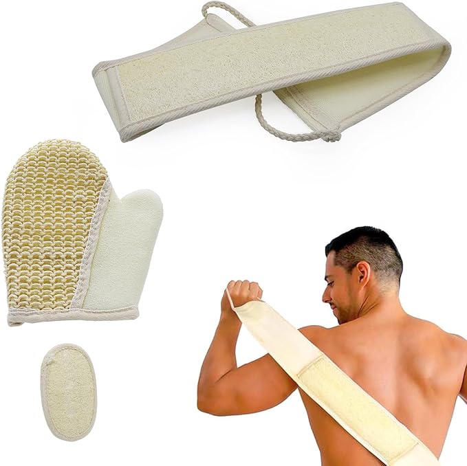 Premium Loofah Bath Set - Exfoliating Back Scrubber with Handle, Shower Gloves & Loofah Pads for Men & Women, Perfect Body Scrubber & Skin Cleanser
