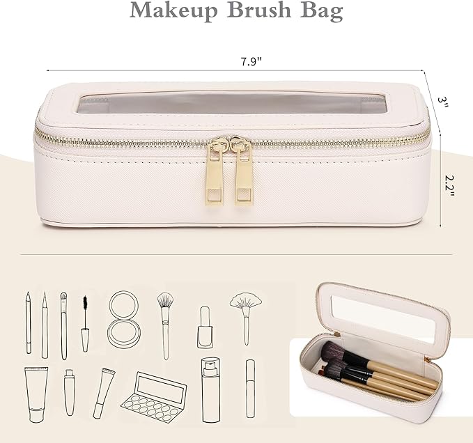 Makeup Brush Case Clear Travel Cosmetic & Toiletry Bag Small Makeup Bag with Zipper Purse Organizer Car Essential Bag for Women (Beige, SLIM)