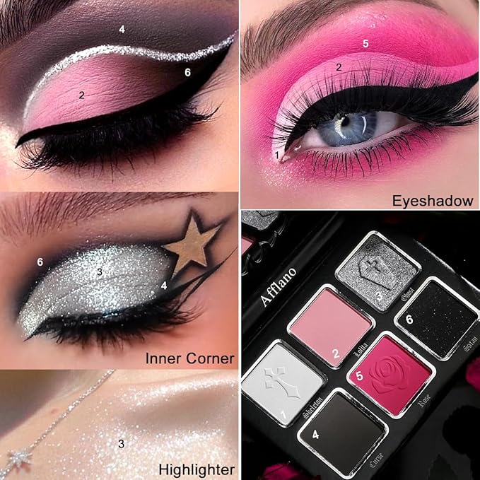 Afflano Pink Goth Eyeshadow Palette, Pink Smokey Eyes Makeup Eyeshadow Pallet With Mirror, for Goth Girls and Women Long Lasting Daily Valentine makeup, Dark Emo Halloween Clown SFX Gothic Looks