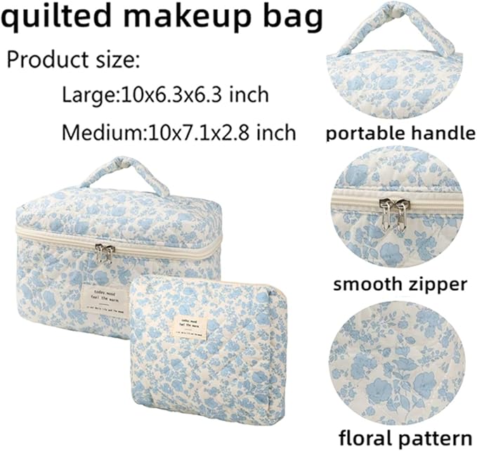 2 Pcs Quilted Makeup Bag,Cotton Coquette Make up Bag Set,Floral Cute Makeup Bags Large Travel Toiletry Cosmetic Bag Organizer for Women Girls (A)