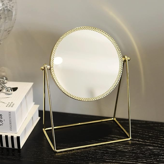 LONGSHENG - SINCE 2001 - Makeup Mirror Single Sided Vanity Mirror Vintage 360° Rotation Metal Cosmetic Mirror Round Beauty Mirror Handmade Make Up Mirror for Dresser Vanity Table Desk - Gold