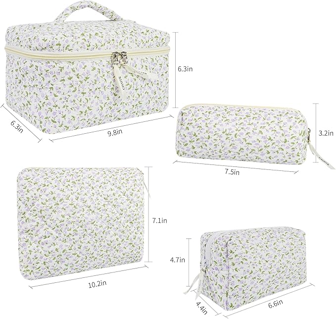 4Pcs Quilted Makeup Bag Set Cute Floral Cosmetic Bag Cotton Coquette Make up Bag Aesthetic Travel Toiletry Bag for Women Girls