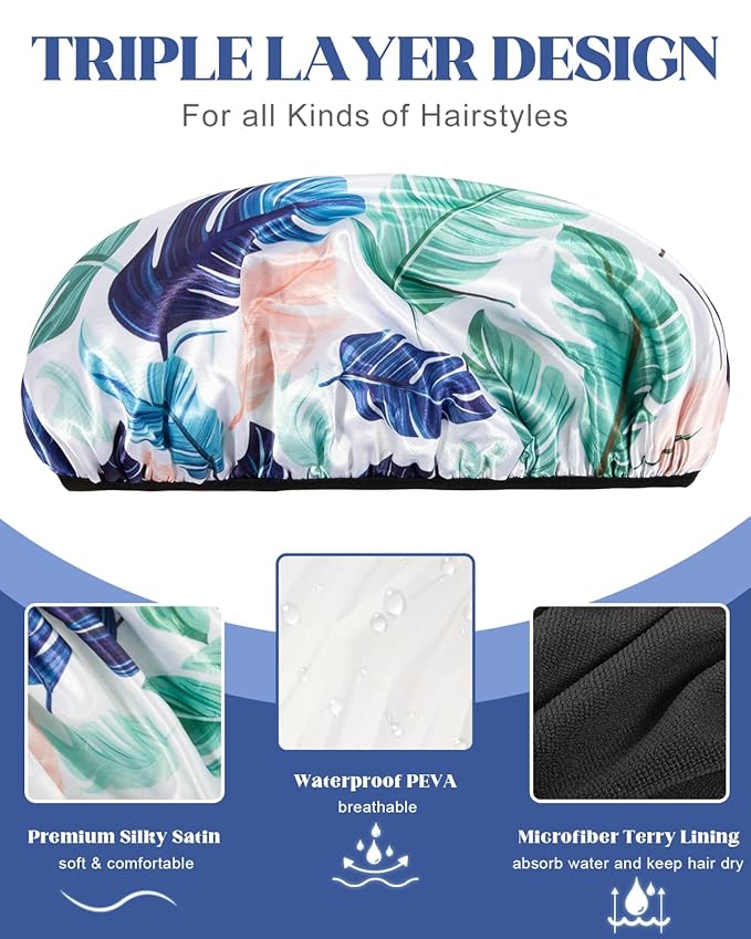 Auban Shower Cap, Terry Lined Shower Caps, 3 Layer Large Shower Cap, Terry Cloth Reusable Shower Caps for Long Thick Hair, Waterproof Hair Cap