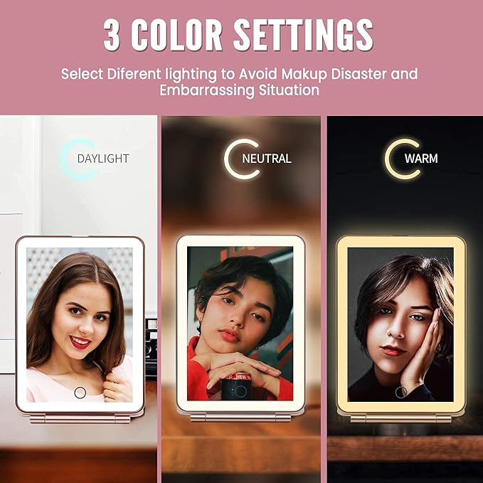 Makeup Mirror with LED Lights – USB Rechargeable Led Lighted Vanity Mirror | Travel Mirror with 3 Color Lights | Touch Screen Sensor Portable and Magnifying Mirror