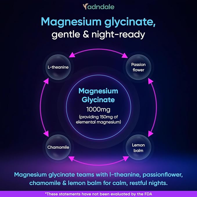Adndale Magnesium Glycinate Gummies 90CT for Adults and Kids. 150 mg Chelated Mg with L-Theanine, Passionflower, Chamomile & Lemon Balm. Raspberry Flavor. Clear Thinking, Restful Nights, Muscle Ease