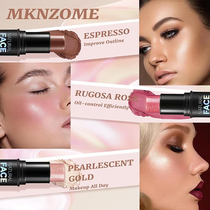 3 Pcs Cream Contour Sticks, Shades with Highlighter Stick, Blush Stick and Bronzer Stick, Contour Stick Eyeshadow Stick Face Contouring Pen Makeup with Contour Brush, Waterproof