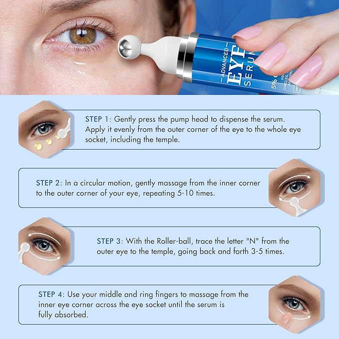 5% Caffeine Eye Cream for Women, Under Eye Serum for Dark Circles Puffiness Fine Lines Wrinkles with 360° Roller Massage Ball, Morning Night Skin Care, 0.5 Fl Oz