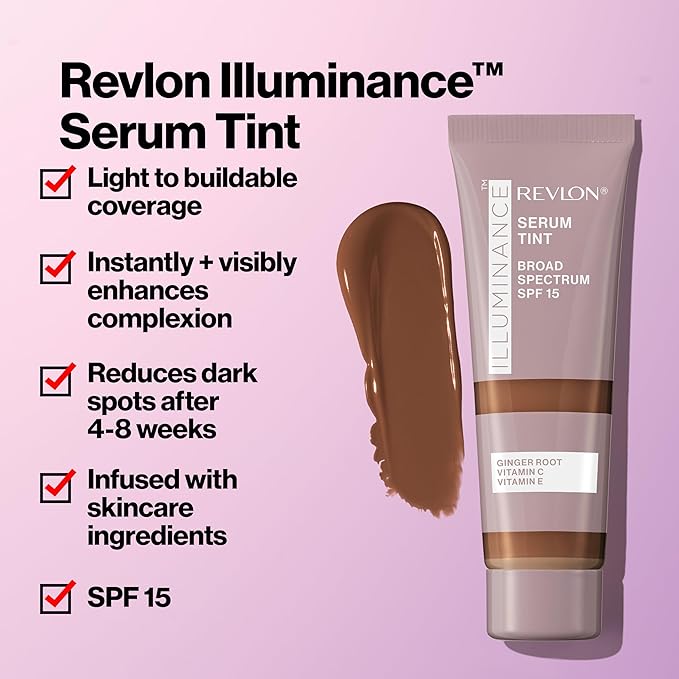 Revlon Illuminance Tinted Serum, Triple Hyaluronic Acid, Evens Out Skin Tone Over Time and Hydrates All Day, SPF 15, 505 Rich Sand, 0.94 fl oz.