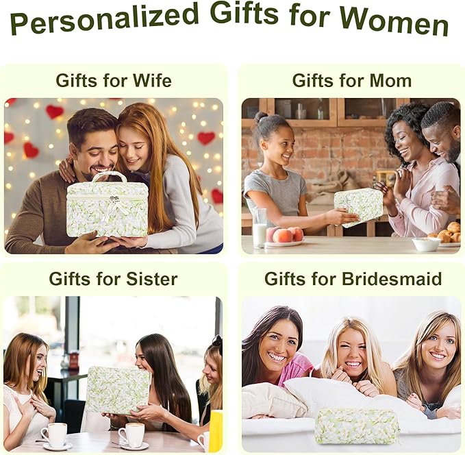 4Pcs Quilted Makeup Bag Set Cute Floral Cosmetic Bag Cotton Coquette Make up Bag Aesthetic Travel Toiletry Bag for Women Girls