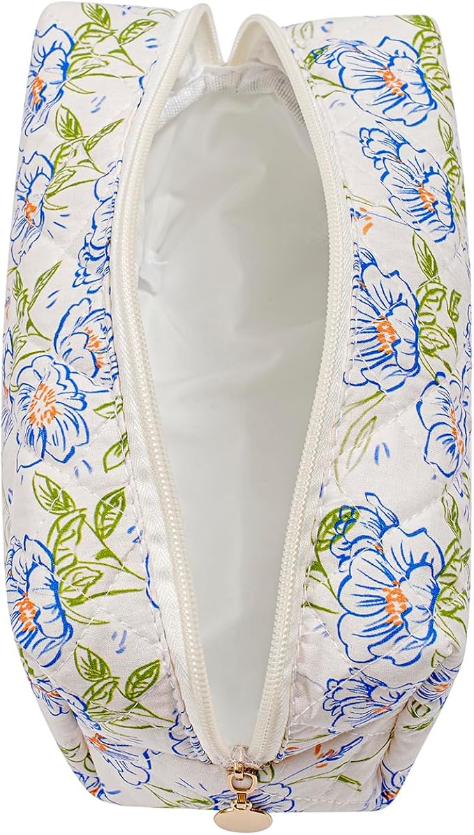 Gleyemor Small Quilted Makeup Bag for Women, Cute Floral Bow Cosmetic Bag, Emergency Bag Travel Toiletry Cotton Pouch Gifts for Girls Her Mom Friend Sister Bridesmaid (Green-Blue)