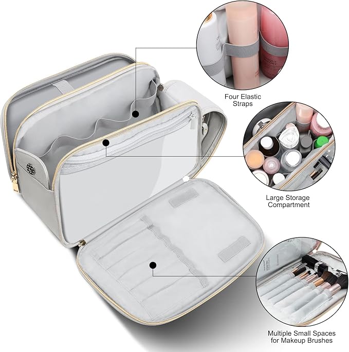 BOOMRICH Large Travel Makeup Bag, Cosmetic Bag, Toiletry Bag for Women, Water-Resistant Leather Toiletry Organizer, Dopp Kit for Toiletries Accessories, Blue Grey