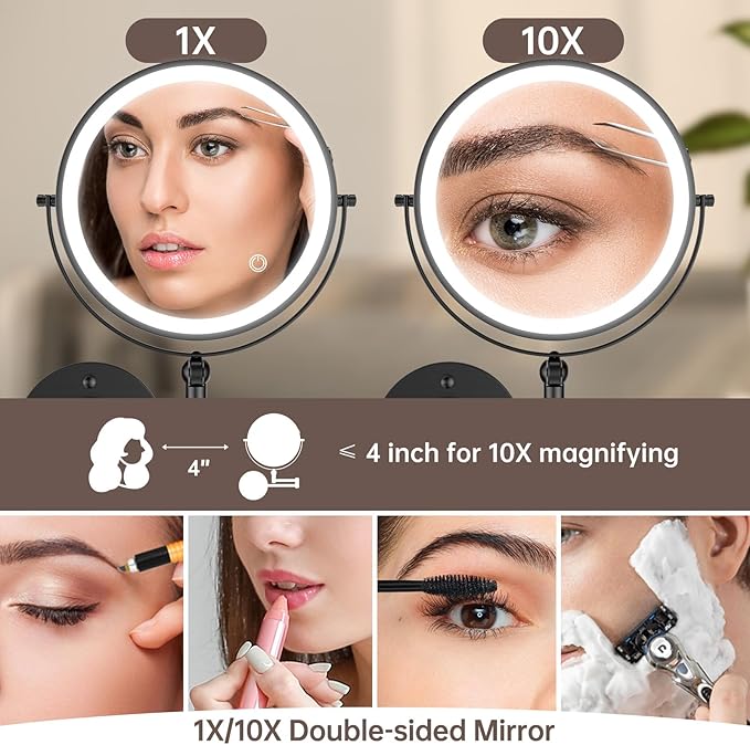 9" Wall Mounted Makeup Mirror with Lights, 4000mAh Rechargeable 1X/10X Wall Mounted Magnifying Mirror for Bathroom, 3 Color Lighting,Touch Screen Dimming,Extended Arm 360 Rotation Wall Mount Mirror B