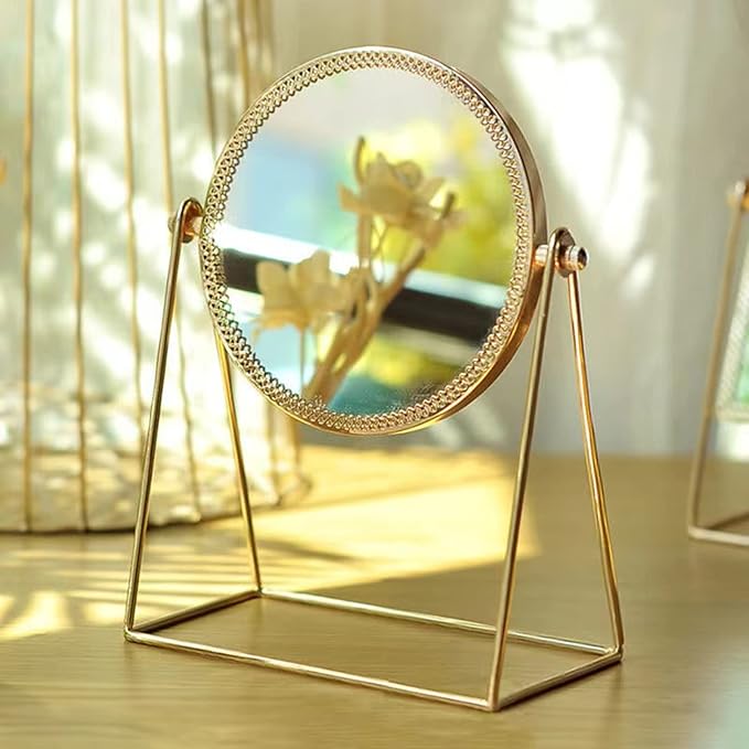 LONGSHENG - SINCE 2001 - Makeup Mirror Single Sided Vanity Mirror Vintage 360° Rotation Metal Cosmetic Mirror Round Beauty Mirror Handmade Make Up Mirror for Dresser Vanity Table Desk - Gold