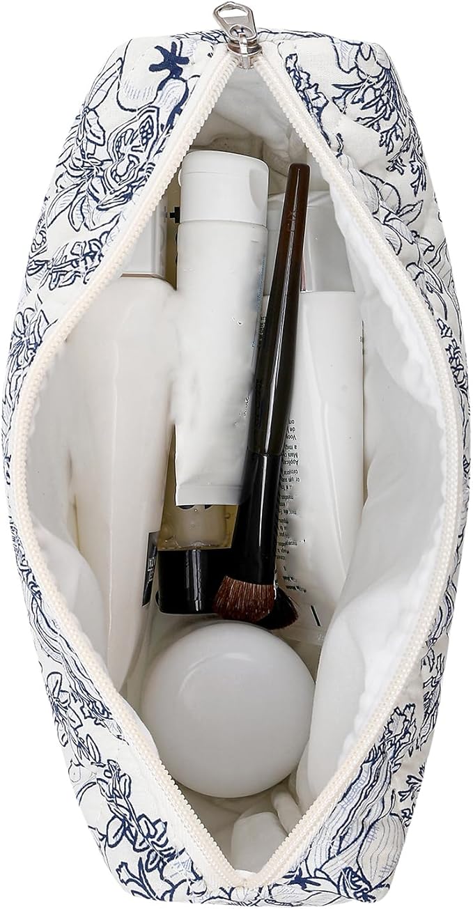 Makeup Bag Travel Cosmetic Bag for Women Girls, Zipper Make Up Pouch, Floral Flowers Toiletry Organizer Makeup, Portable Storage Bag, Cosmetic Travel Cloth Bag (2 Pack (L+S)/Navy Blue Flower)