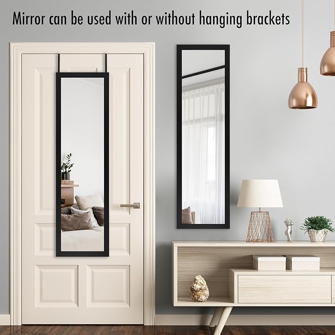 Americanflat 12x48 Over The Door Mirror - Hanging Full Length Mirrors with Engineered Wood - Modern Mirror for Bathroom, Bedroom, Living Room - Mirrors for Wall Display and Home Decor - Black