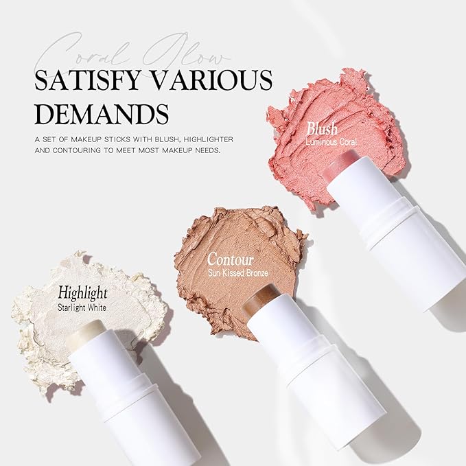 3 PCS Makeup Cream Contour Stick Set, Highlighter Stick & Bronzer Stick & Blush Stick, Long Lasting, Natural Face Contour, Dewy & Matte Finish, Multi Stick Trio for All Skin