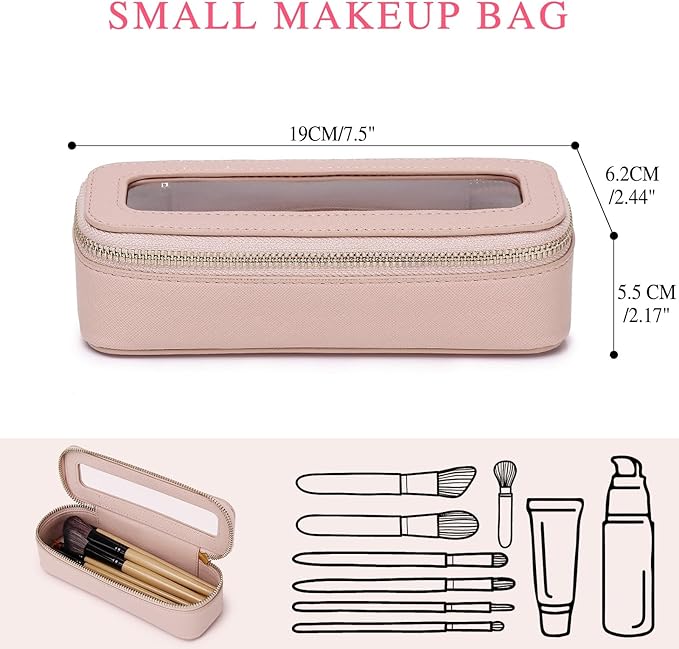 Makeup Brush Case Clear Travel Cosmetic & Toiletry Bag Slim Makeup Bag with Zipper Small Purse Organizer Car Essential Bag for Women (Pink, SLIM-3)