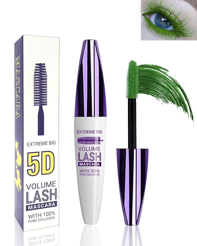 5D Green Mascara for Eyelashes-1Pcs Longlasting Waterproof Smudgeproof Colored Mascara Volume and Length,Curling Eye Lash rimel de pestañas,St Patrick’s Day Makeup Gift for Women Girl