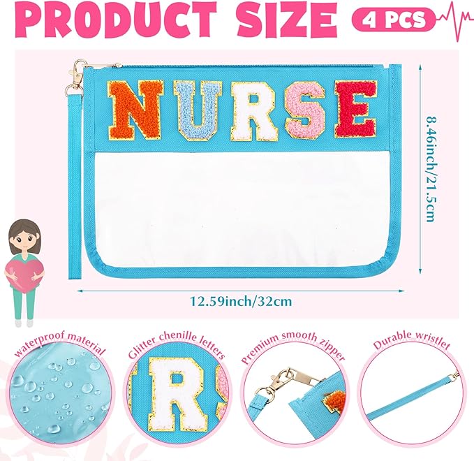 4 Pcs CNA Week Nurses Bags Appreciation Gifts Chenille Letter Makeup Bags with 4 Pins Preppy Clear Nursing Travel Pouch Cosmetic Waterproof Zipper Nurse Accessories