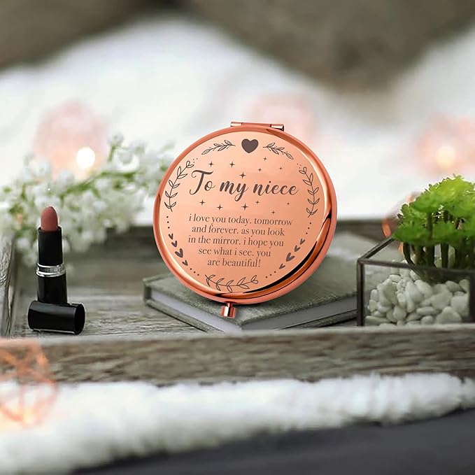 Ming Heng Niece Gift Rose Gold Travel Compact Makeup Mirror,Niece Gift from Aunt and Uncle, Graduation Gifts for Her, Niece Birthday Gift Ideas, Niece Christmas from Auntie Uncle
