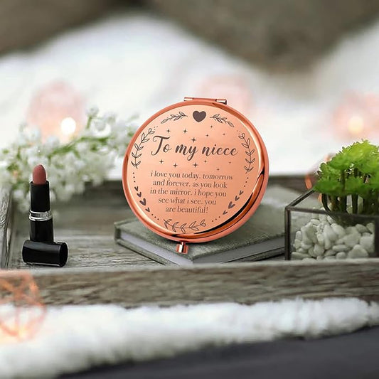 Ming Heng Niece Gift Rose Gold Travel Compact Makeup Mirror,Niece Gift from Aunt and Uncle, Graduation Gifts for Her, Niece Birthday Gift Ideas, Niece Christmas from Auntie Uncle