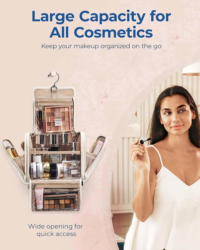 BAGSMART Makeup Bag for Women with Hanging Hook, Large Portable Capacity Water-resistant Organizer Travel Case for Toiletries and Cosmetics, Pink