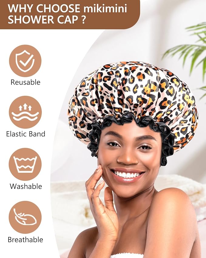 mikimini Large Shower Cap for Women Long Hair, Leopard Stylish Shower Caps with Black Lace, Double-layer Waterproof, Reusable, Washable