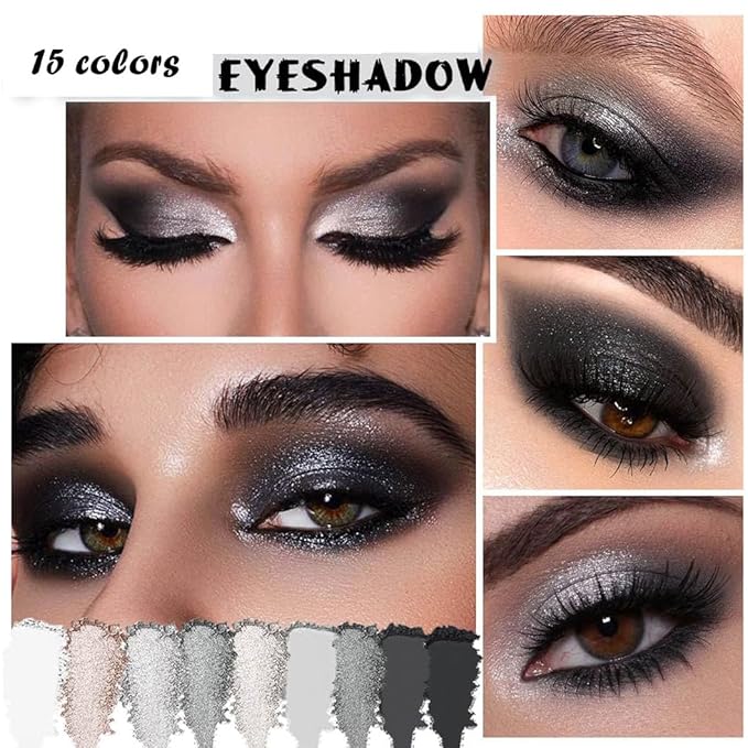 Black Smoky Eye shadow Palette, 15 Colors True Black Dark Grey Smokey Goth Makeup Pallet, 15 Soft Matte Shimmer High Pigmented Basic White Gray black eyeshadow for woman