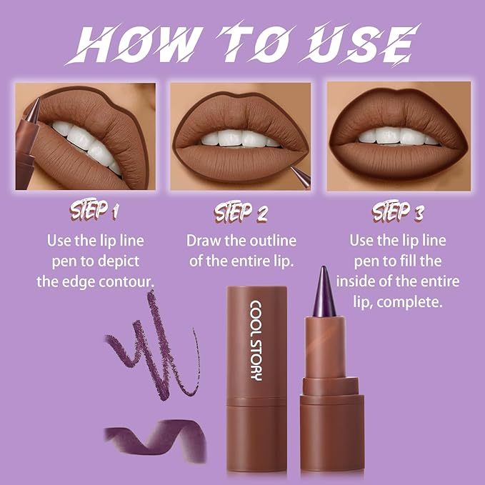 Matte Lip Liner and Lipstick Crayon Shape And Tapered Tip for Perfect Contour and Gradient Effect Waterproof Eyeliner Lip Pencil 3-in-1 Makeup Lip Combo, Purple 2#