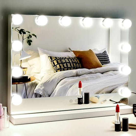 M MIVONDA Vanity Mirror with Lights, Lighted Makeup Hollywood Mirror with Dimmable 3 Color Lights LED Bulbs for Desk and Wall, Mirrors with Plug-in and USB Charger for Bedroom