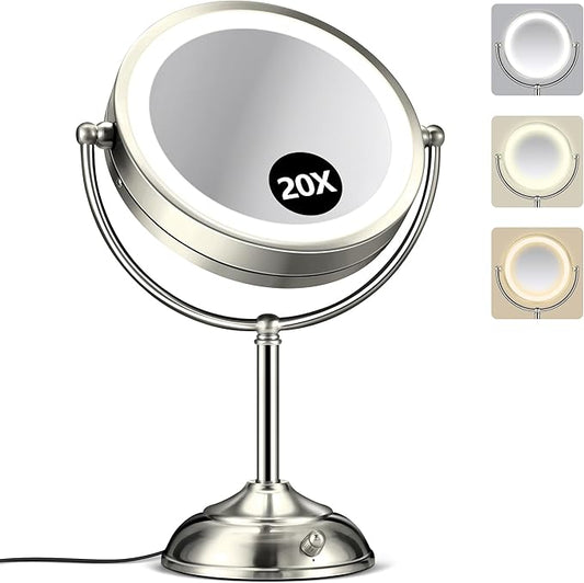 20x Large Lighted Makeup Mirror, Rechargeable 8.6" Magnifying Makeup Mirror, 30-Minute Timer,3 Color Modes, Adjustable Brightness, No Assembly Required, 360° Rotation Cosmetic Mirror, Pearl Nickel