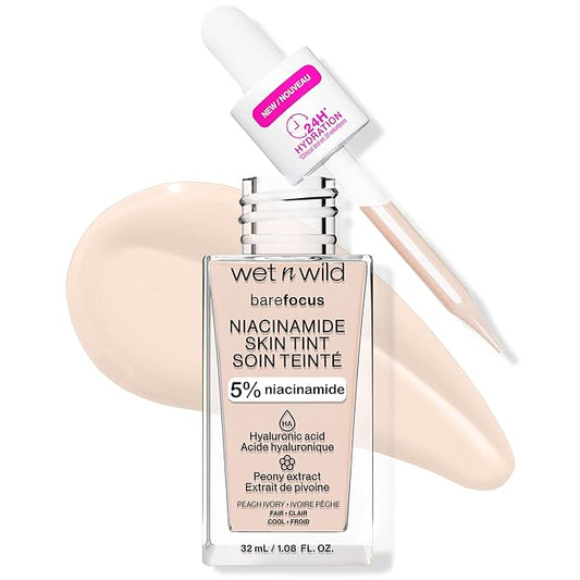 wet n wild Bare Focus Skin Tint, 5% Niacinamide Enriched, Buildable Sheer Lightweight Coverage, Natural Radiant Finish, Hyaluronic & Vitamin Hydration Boost, Cruelty-Free & Vegan - Peach Ivory