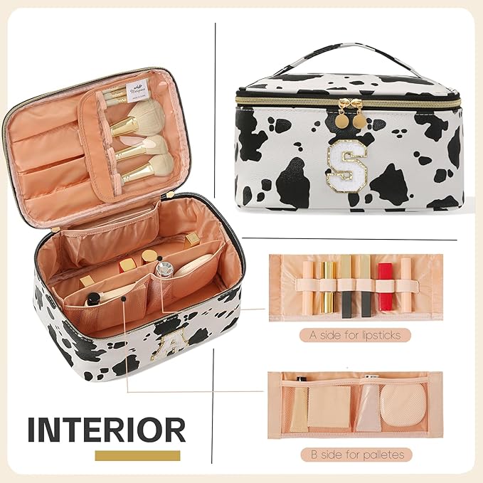 Meiyuuo Large Personalized Makeup Bag for Teen Girls Gifts Cute Cosmetics Bags Chenille Letter Bag Travel Pro Pouch Toiletry Organizer for Women Monogram Cow Print S