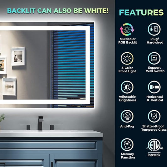 24x32 Inch RGB LED Bathroom Mirror Front Light and RGB Backlit Lighted Vanity Mirror for Bathroom Wall Mounted Dimmable Anti Fog Memory Shatter-Proof IP54 Waterproof Horizontal/Vertical