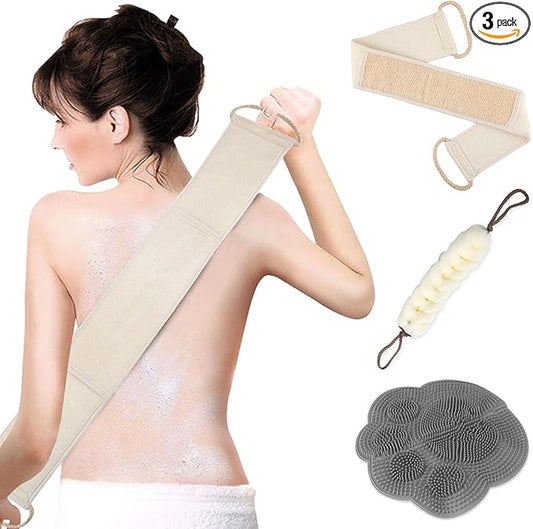 Back Scrubber for Shower Exfoliating Loofah with Handle 3 Piece Body Scrubber Bath Sponge for Men and Women Shower Towel