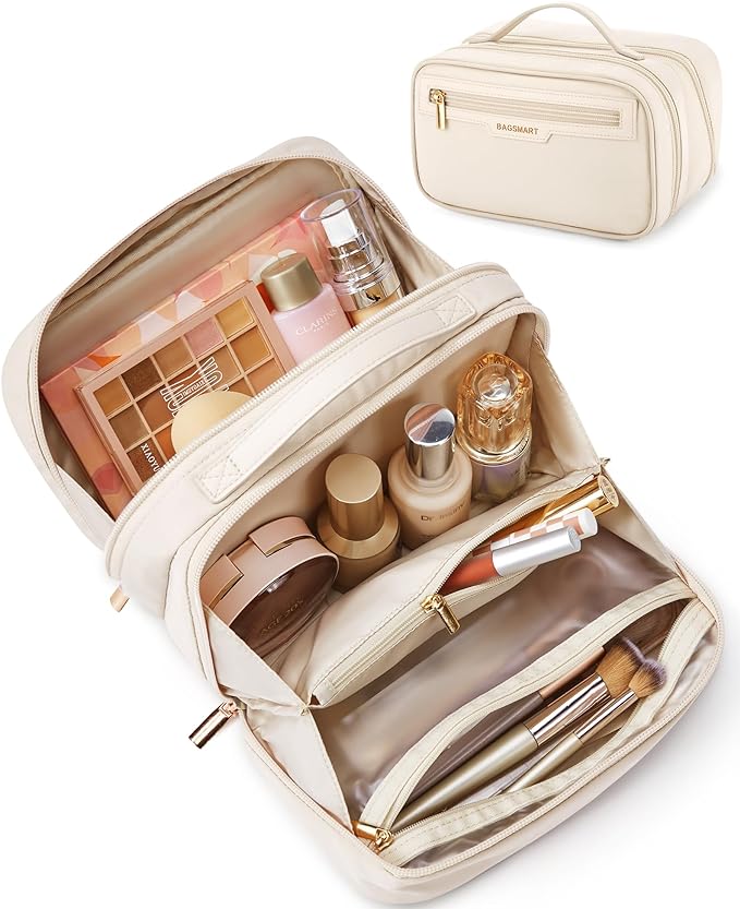 BAGSMART Travel Makeup Bag, Make Up Bag with Multiple Compartments for Organizer, Durable & Compact Cosmetic Organizer for Women for Travel Accessories (Beige)