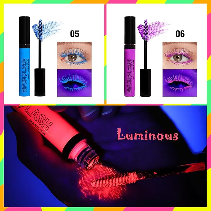 6 Colors Matte Liquid Mascara Set Colorful UV Neon Mascara Pencil Pigmented Waterproof Smudgeproof Long Lasting Eye Liner Xmas Christmas Festival Makeup Gift Kit for Women