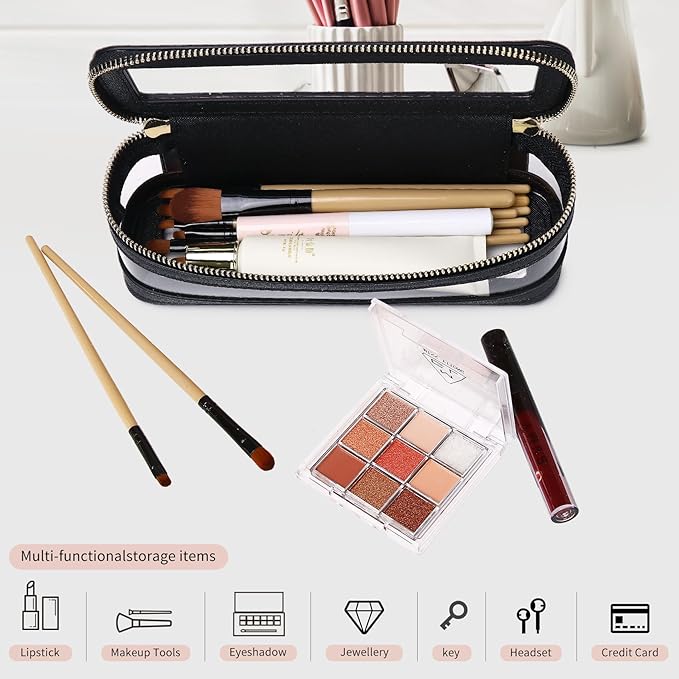 Makeup Brush Case Clear Travel Cosmetic & Toiletry Bag Slim Makeup Bag with Zipper Small Purse Organizer Car Essential Bag for Women (Black, SLIM-1)