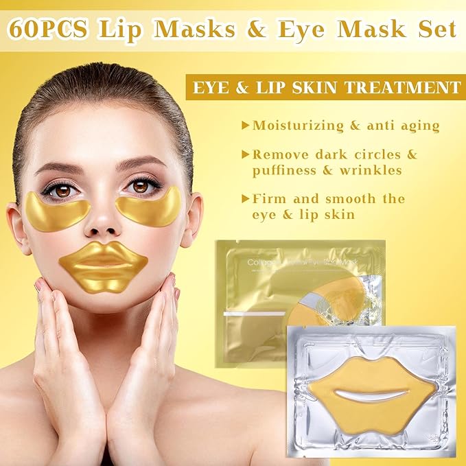 24K Gold Gel Crystal Collagen Eye and Lip Mask Set, 15 Pairs Gold Eye Mask & 15 Pcs Gold Lip Mask for Moisturizing, Collagen Under Eye Mask for Dark Circles Puffiness and Wrinkles