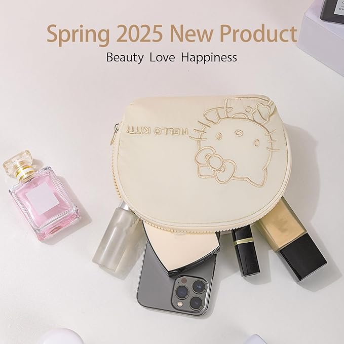 AmBealla Small Cosmetic Bag Portable Storage Bag for Women,Cute Compact Makeup Bag for Keys and Phone, White Cotton Embroidered Organizer with Wristband,Portable Travel Bag for Girls