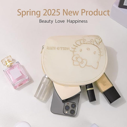 AmBealla Small Cosmetic Bag Portable Storage Bag for Women,Cute Compact Makeup Bag for Keys and Phone, White Cotton Embroidered Organizer with Wristband,Portable Travel Bag for Girls