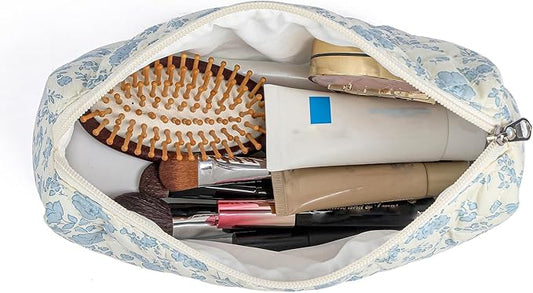 Makeup Bag Travel Cosmetic Bag for Women Girls, Zipper Make Up Pouch, Floral Flowers Toiletry Organizer Makeup, Portable Storage Cosmetic Travel Cloth Bag (L/Blue Floral)