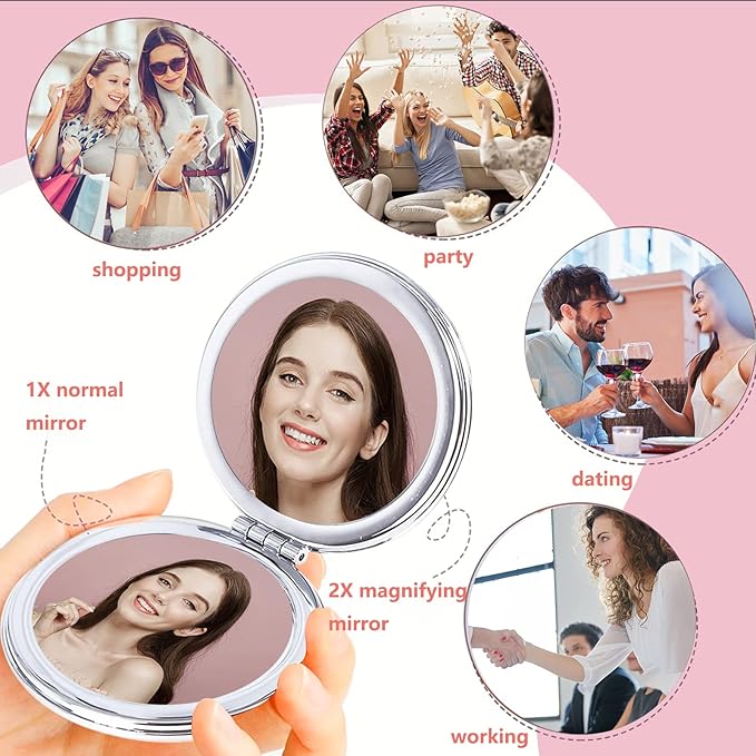 Acedada Compact Mirror, Pocket Mirror, Small Mirror for Purse with Glitter, Portable Travel Makeup Mirror, Folding Handheld 2-Sided 1x/2x Magnifying Compact Mirror for Women Girls - Silver